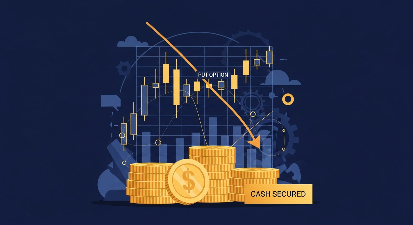 Illustration of automated cash-secured put trading showing a stock price chart with a put strike level, gold cash reserves, and an automation gear motif