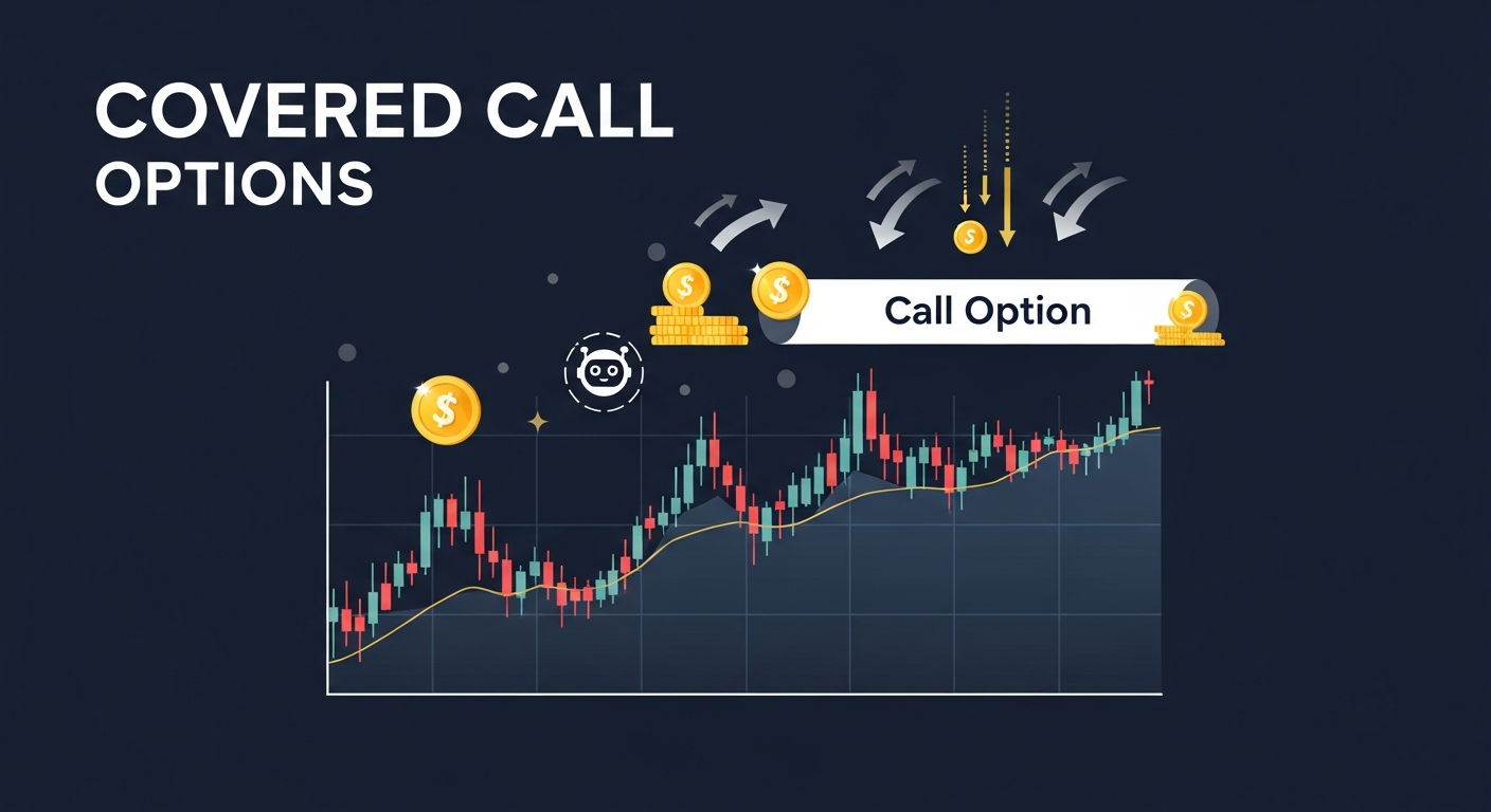 Covered call automation illustration showing a stock price chart with a call option written above it and gold premium income flowing from the position