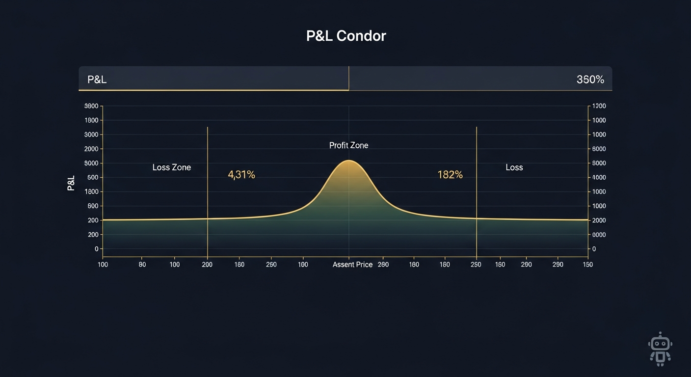 Automated iron condor trading bot dashboard — navy and gold fintech chart showing an iron condor profit zone with bounded losses on both wings and automated rule indicators