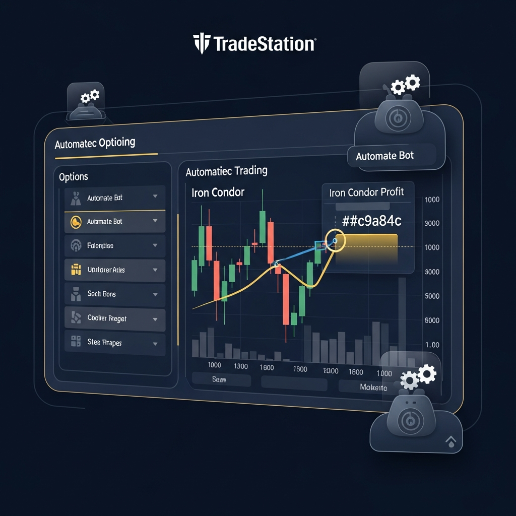 Automated options trading dashboard connected to a TradeStation brokerage account — navy and gold fintech interface showing options strategy panels, bot automation icons, and live market data