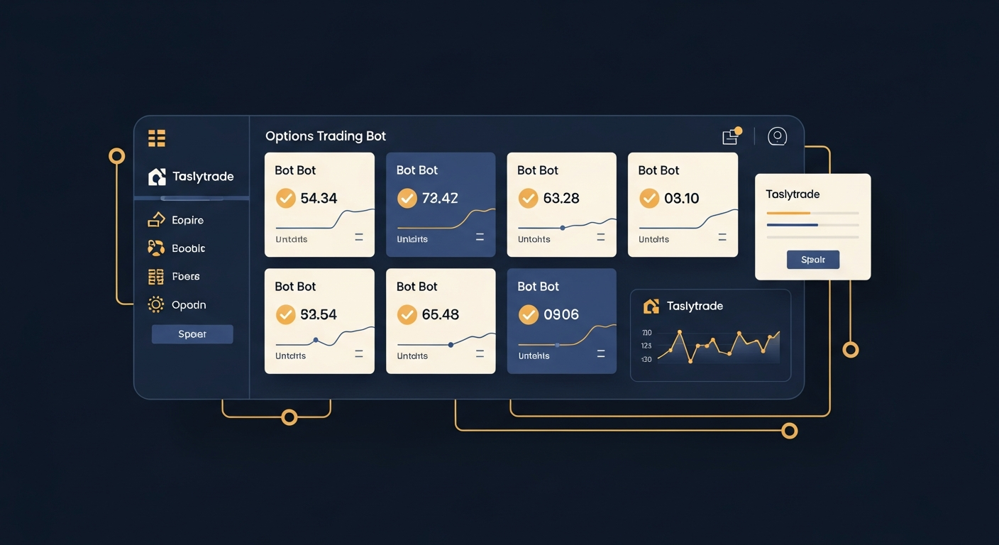 Fintech illustration of a trader comparing automated options trading bot platforms connected to a Tastytrade account, with navy blue and gold dashboard panels