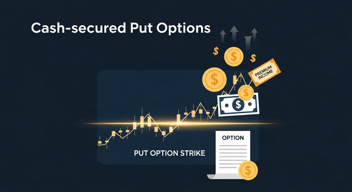 Cash-secured put strategy illustration showing a stock price chart above a put strike level with premium income flowing upward