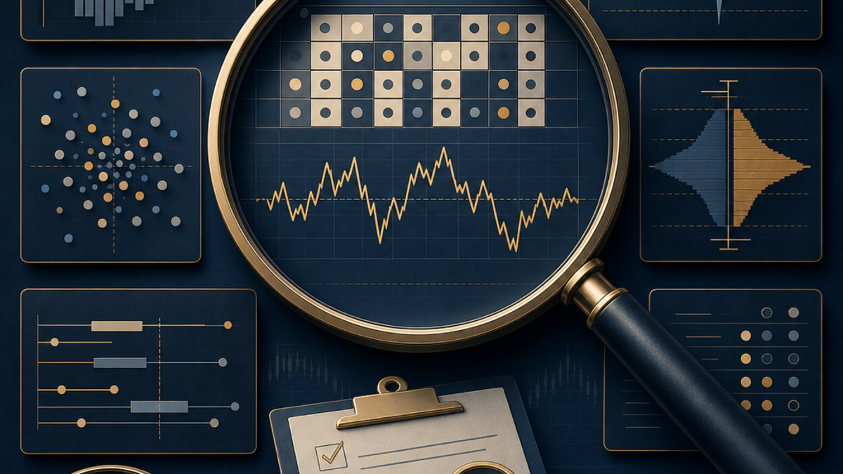 Navy and gold analytical dashboard with charts, trade distributions, drawdowns, and a magnifying glass representing evaluation of options backtest results