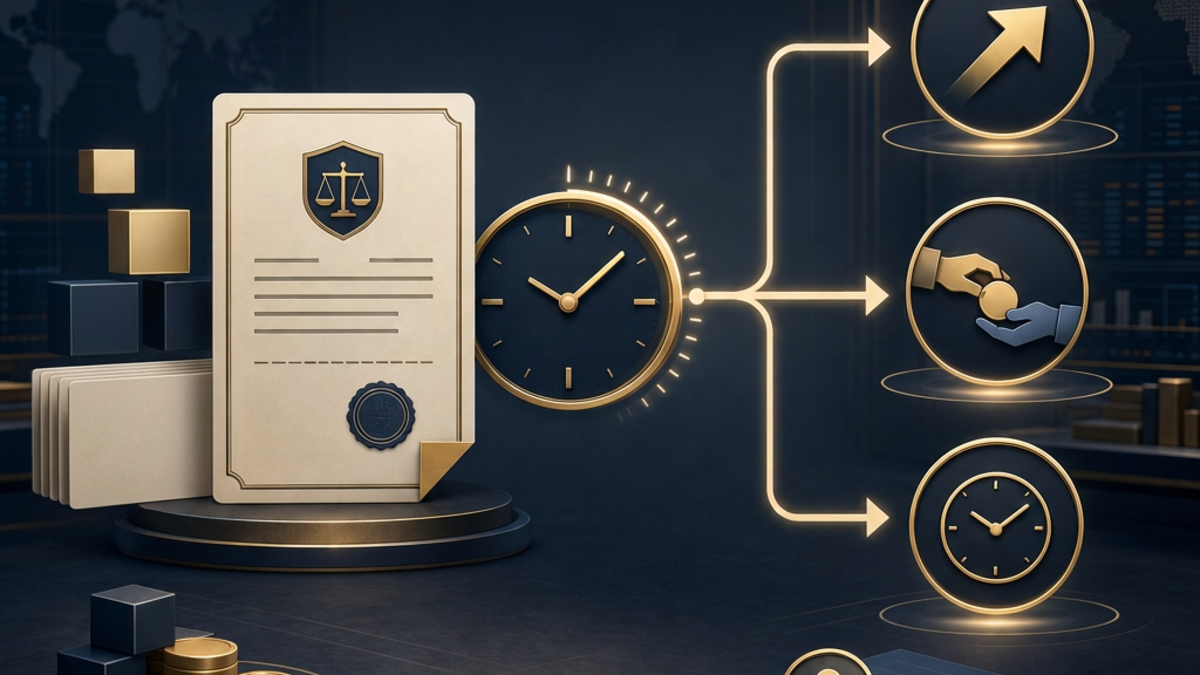 Dark navy and gold options contract approaching an expiration clock with neutral paths for exercise, assignment, and expiration