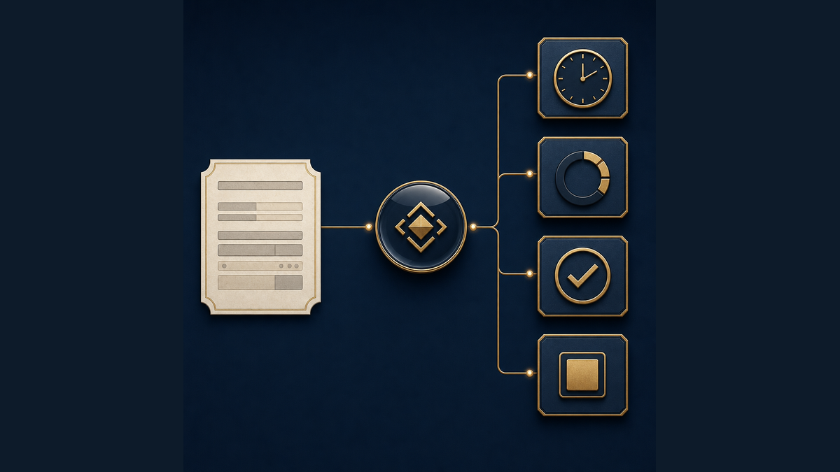Navy and gold options order ticket branching from a broker acknowledgement into working, partially filled, filled, and rejected state icons