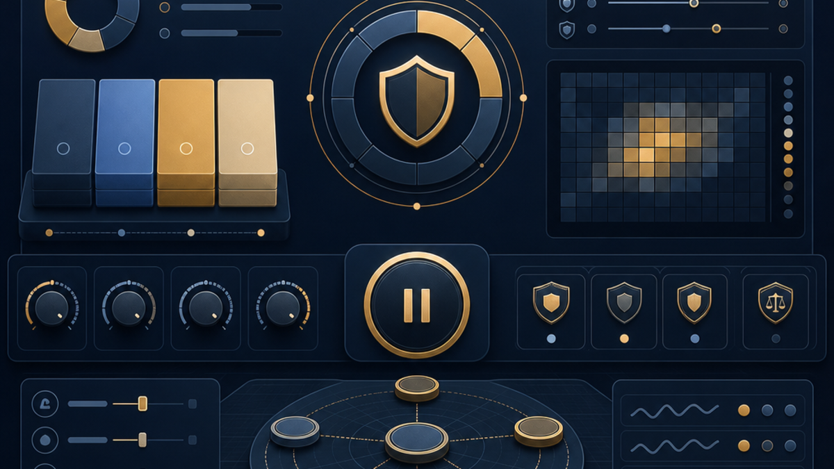 Dark navy and gold risk-control dashboard with balanced capital allocations, contract limits, portfolio exposure indicators, and pause controls